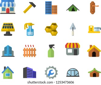 Color flat icon set house flat vector, trowel, door lock, skyscraper, repair, hammer, food processor, honeycomb, pulverizer, greenhouse, solar battery, radiator, store front, office building