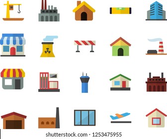 Color flat icon set house flat vector, window, level meter, barrier, gas station, factory, manufactory, plant, crane, store front, warehouse, office building, nuclear power, airport tower fector