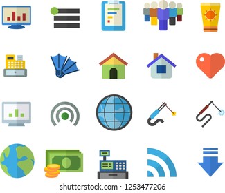 Color flat icon set house flat vector, welding, earth, graphic report, cash, team, machine, heart, computer chart, sun protection cream fector, flippers, menu, broadcast, download