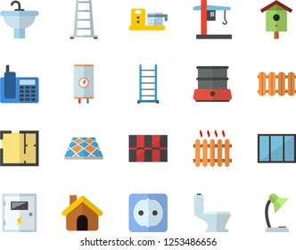 Color flat icon set house flat vector, window, ladder, sink, toilet, layout, sockets, tile, switch box, flooring, heating batteries, boiler, double, food processor, nesting, crane, radiator
