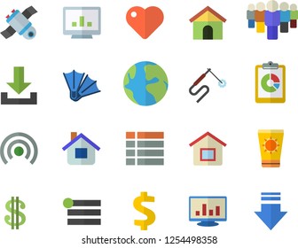Color flat icon set house flat vector, welding, earth, graphic report, dollar, team, heart, computer chart, satellit, sun protection cream fector, flippers, menu, broadcast, download