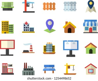 Color flat icon set house flat vector, skyscraper, heating batteries, bench, gas station, factory, plant, crane, store front, billboard, location, hospital, hotel fector