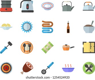 Color flat icon set house layout flat vector, saute, teapot, electric kettle, kitchen spoon, towel, meat hammer, induction cooker, gas, double boiler, table setting, spaghetti, sauce, dish, soup