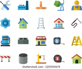 Color flat icon set house flat vector, builder, concrete mixer, cogwheel, tool, tape measure, ladder, pipes, brick, barrier, grain warehouse, refueling, manufactory, crane, pipe production, welding