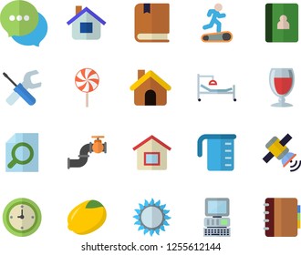 Color flat icon set house flat vector, tool, meashuring cup, gas, lemon, lollipop, wine, main pipeline, chat, hospital bed, clock, magnifier, satellit, computer, textbook, Treadmill, notebook