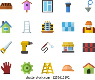 Color flat icon set house flat vector, window, drill screwdriver, saw, ladder, tile, hard hat, construction plummet, brick, nesting box, grain warehouse, gloves, cogwheel, worker, welding, hotel
