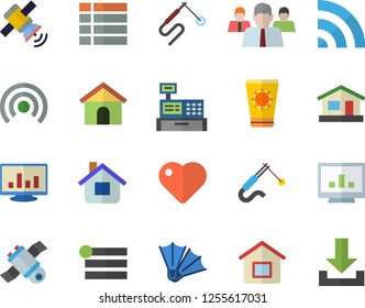 Color flat icon set house flat vector, welding, team, cash machine, heart, computer chart, satellit, sun protection cream fector, flippers, menu, broadcast, download