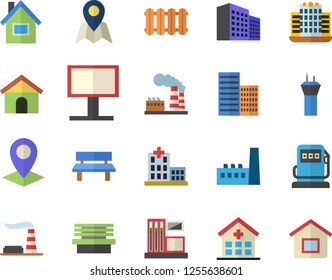 Color flat icon set house flat vector, skyscraper, heating batteries, bench, gas station, refueling, factory, manufactory, billboard, location, hospital, office building, airport tower fector, hotel