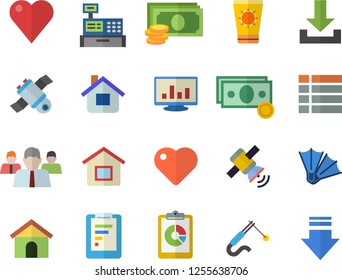 Color flat icon set house flat vector, welding, graphic report, cash, team, machine, heart, computer chart, satellit, sun protection cream fector, flippers, menu, download