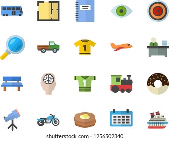 Color flat icon set house layout flat vector, induction cooker, donut, pancakes, pickup truck, bench, magnifier, calendar, eye, office worker, notebook, telescope, brain fector, sport T shirt, train
