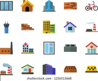 Color flat icon set house flat vector, brick wall, window, skyscraper, factory, manufactory, hospital, office building, airport tower fector, bicycle, taxi