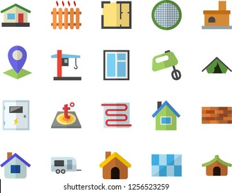 Color flat icon set house flat vector, brick wall, window, layout, tile, switch box, warm floor, mixer, sieve, fireplace, crane, radiator, location, trailer fector, tent