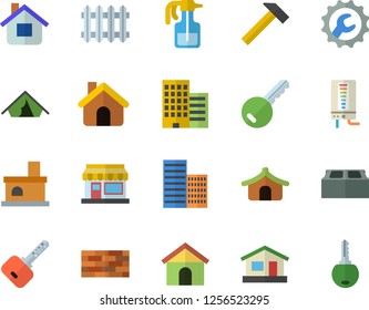 Color flat icon set house flat vector, brick wall, skyscraper, repair, hammer, boiler, pulverizer, grain warehouse, fireplace, radiator, tent fector, key