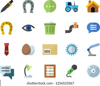 Color flat icon set house flat vector, gas, egg, horseshoe, tractor, main pipeline, chat, barcode, abacus, reading lamp, tie, pen, trash can, microphone, eye, target