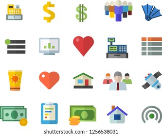 Color flat icon set house flat vector, graphic report, cash, dollar, team, machine, heart, computer chart, satellit, sun protection cream fector, flippers, menu, broadcast