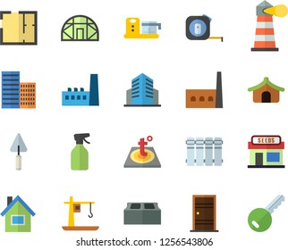 Color flat icon set house flat vector, trowel, tape measure, layout, Entrance door, skyscraper, brick, warm floor, heating batteries, food processor, pulverizer, grain warehouse, greenhouse, crane