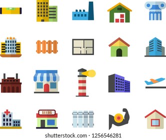 Color flat icon set house layout flat vector, level meter, skyscraper, heating batteries, grain warehouse, manufactory, plant, store front, lighthouse, hospital, office building, muscles, departure