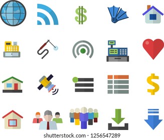 Color flat icon set house flat vector, welding, earth, dollar, team, cash machine, heart, satellit, flippers fector, menu, broadcast, download