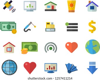 Color flat icon set house flat vector, welding, earth, cash, dollar, machine, heart, computer chart, satellit, sun protection cream fector, flippers, menu, broadcast, download