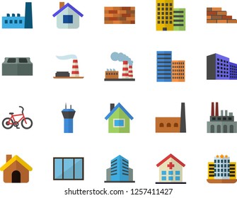 Color flat icon set house flat vector, brick wall, window, skyscraper, factory, manufactory, plant, hospital, office building, airport tower fector, bicycle, hotel