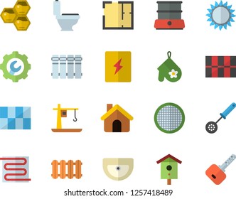 Color flat icon set house flat vector, sink, toilet, layout, tile, switch box, repair, warm floor, heating batteries, potholder, kitchen spoon, gas, double boiler, sieve, honeycomb, nesting, crane