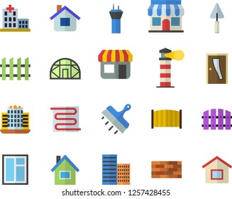Color flat icon set house flat vector, brick wall, window, trowel, Entrance door, skyscraper, putty knife, fence, warm floor, greenhouse, store front, lighthouse, hospital, airport tower fector
