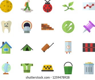 Color flat icon set house flat vector, brick wall, tile, boiler, ladybird, bucketful, tree leaf, tomograph, sperm, caries, drawing pin, point diagram, moon, globe, sport T shirt, hike fector, tent