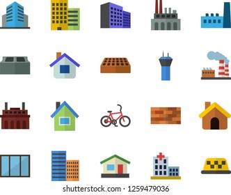 Color flat icon set house flat vector, brick wall, window, skyscraper, factory, manufactory, plant, hospital, office building, airport tower fector, bicycle, taxi