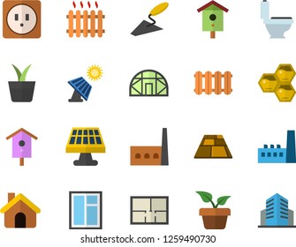 Color flat icon set house flat vector, window, trowel, toilet, layout, sockets, flooring, heating batteries, honeycomb, nesting box, home plant, greenhouse, solar battery, manufactory, radiator