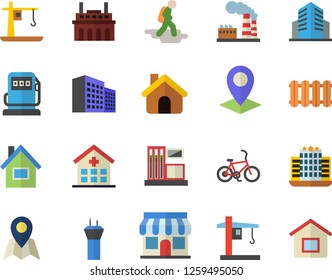 Color flat icon set house flat vector, heating batteries, gas station, refueling, factory, plant, crane, store front, location, hospital, office building, airport tower fector, hike, bicycle, hotel