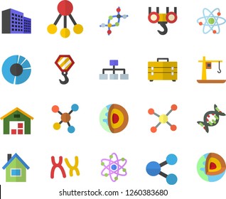 Color flat icon set house flat vector, hook, tool bag, crane, hierarchy, molecules, warehouse, chromosomes, office building, clircle diagram, molecule, atom, dna, classification