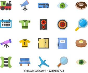 Color flat icon set house layout flat vector, induction cooker, donut, pancakes, bench, magnifier, calendar, eye, notebook, telescope, carpal expander, sport T shirt, aircraft fector, train, bus