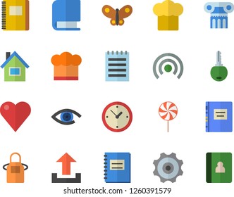 Color flat icon set house flat vector, cook hat, apron, lollipop, butterflies, heart, notebook, book, notepad, textbook, cogwheel, antique column fector, broadcast, upload, clock, eye, key
