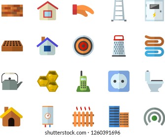 Color flat icon set house flat vector, brick wall, toilet, sockets, skyscraper, switch box, boiler, teapot, potholder, towel, induction cooker, grater, honeycomb, ladder, radiator, telephone