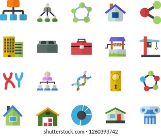 Color flat icon set house flat vector, tool bag, door lock, skyscraper, brick, well, crane, hierarchy, molecules, warehouse, DNA, chromosomes, clircle diagram, molecule, antique column fector