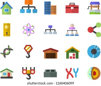 Color flat icon set house flat vector, hook, tool bag, door lock, skyscraper, brick, well, warehouse, hierarchy, molecules, chromosomes, clircle diagram, atom, dna, classification
