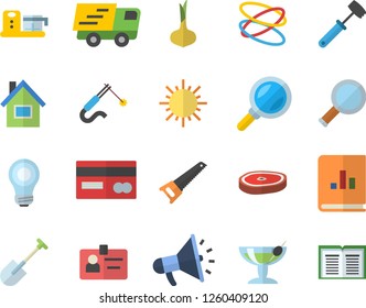 Color flat icon set house flat vector, saw, meat hammer, food processor, onion, chop, shovel, sun, welding, magnifier, credit card, mouthpiece, book balance accounting, trucking, badge, bulb, hoop