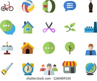 Color flat icon set house flat vector, saw, scissors, lemonade, tree, leaf, manufactory, store front, person, team, chat, volleyball, fitness bracelet, bicycle fector, romantic dinner, alarm clock