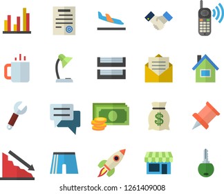 Color flat icon set house flat vector, tea, wrench, crisis, cash, phone call, wealth, chat, statistic, reading lamp, paper tray, agreement, contract, rocket, pushpin, athletic shorts, arrival fector