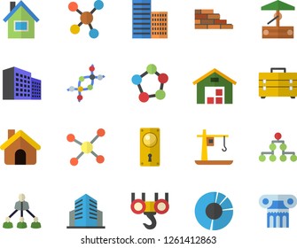 Color flat icon set house flat vector, brick wall, hook, tool bag, door lock, skyscraper, well, crane, warehouse, molecules, office building, clircle diagram, hierarchy, molecule, dna