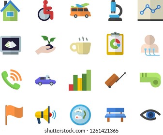 Color flat icon set house flat vector, seedlings, bench, autopilot, graphic report, chart, phone call, flag, disabled, diagnostics, ultrasound, coffee, point diagram, microscope, Petri dish, whistle