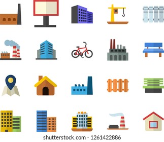 Color flat icon set house flat vector, skyscraper, heating batteries, bench, factory, manufactory, plant, crane, billboard, office building, bicycle fector, hotel, location