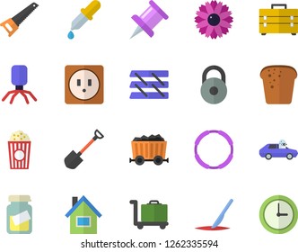 Color flat icon set house flat vector, saw, tool bag, sockets, bread, popcorn, flower, shovel, autopilot, mining, pipette, virus, medical analysis, scalpel, drawing pin, paper tray, weight, hoop