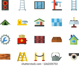 Color flat icon set house flat vector, brick wall, window, ladder, tile, repair, teapot, induction cooker, toaster, food processor, crane, VIP area fector, tent, romantic dinner, surveillance camera