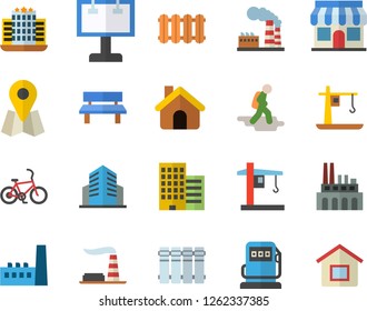Color flat icon set house flat vector, skyscraper, heating batteries, bench, refueling, factory, manufactory, plant, crane, store front, billboard, location, office building, hike fector, bicycle