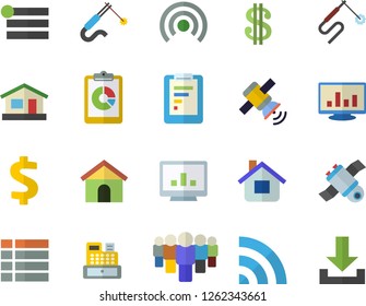 Color flat icon set house flat vector, welding, graphic report, dollar, team, cash machine, computer chart, satellit, menu, broadcast, download