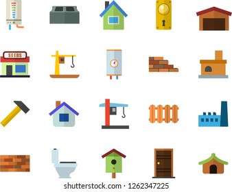 Color flat icon set house flat vector, brick wall, toilet, Entrance door, lock, heating batteries, hammer, boiler, nesting box, grain warehouse, fireplace, manufactory, crane, tent fector