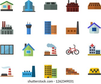 Color flat icon set house flat vector, brick wall, window, skyscraper, factory, manufactory, plant, hospital, office building, airport tower fector, bicycle, taxi