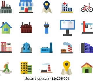 Color flat icon set house flat vector, skyscraper, gas station, factory, manufactory, plant, crane, store front, billboard, location, hospital, office building, airport tower fector, hike, bicycle