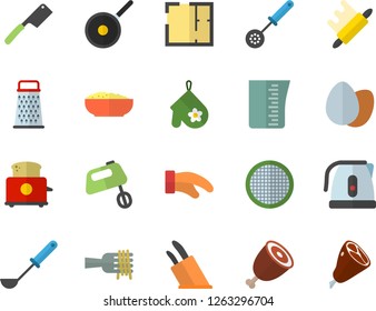 Color flat icon set house layout flat vector, teflon, meashuring cup, electric kettle, potholder, ladle, kitchen spoon, knives, rolling pin, toaster, mixer, sieve, grater, egg, spaghetti on a fork